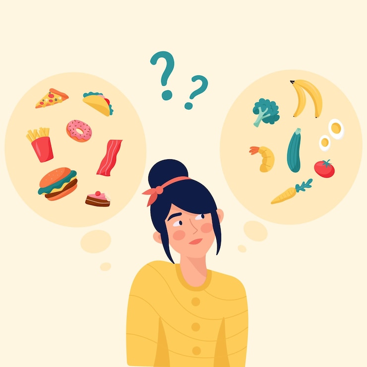 Vector diseño plano que elige entre ilustración de alimentos saludables o no saludables