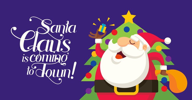 Vector diseño plano santa claus muestra regalo de navidad con una mano y saludo de navidad en azul oscuro