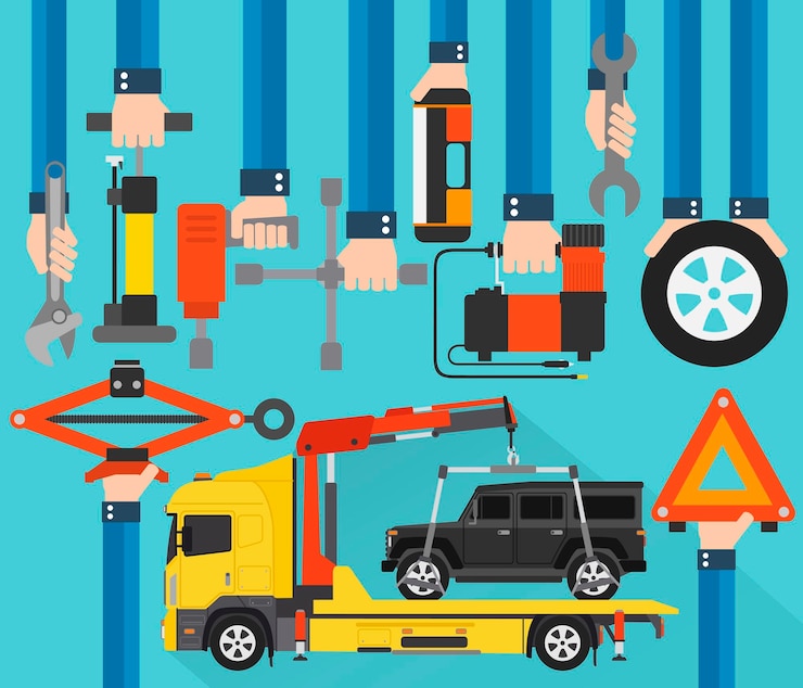 Vector diseño plano de servicio de coche con ilustración de vector de coche de remolque