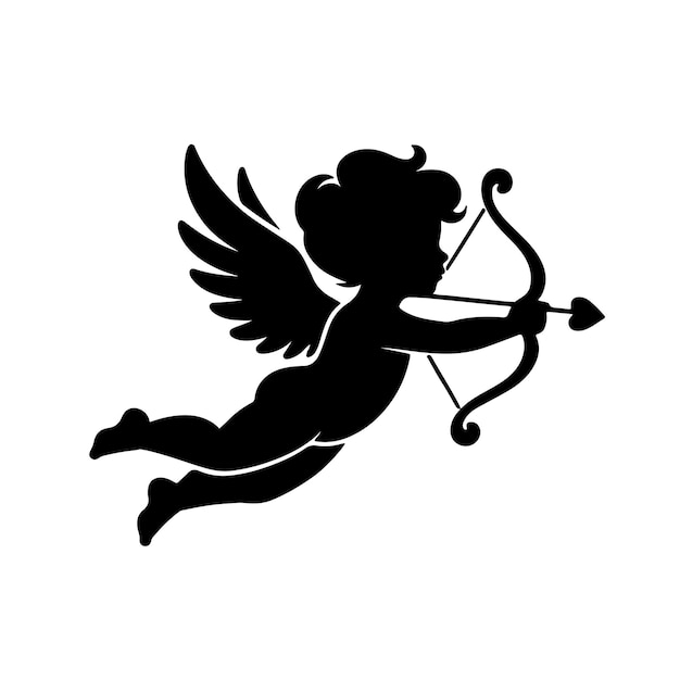 Diseño plano silueta voladora de Cupido aislada sobre un fondo blanco