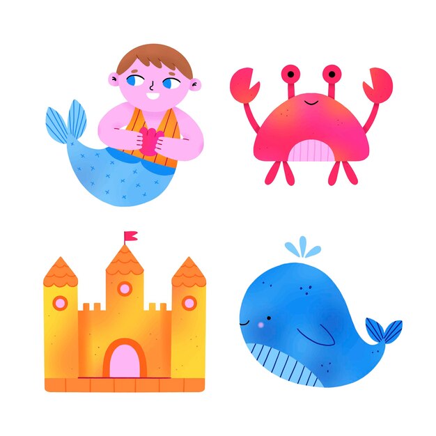 Diseño plano de sirena sonriente y clipart vectorial de ballena
