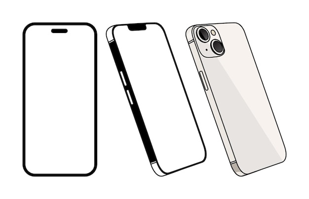 Diseño plano de teléfono inteligente iphone 13 y 14 con pantalla en blanco aislada sobre fondo blanco