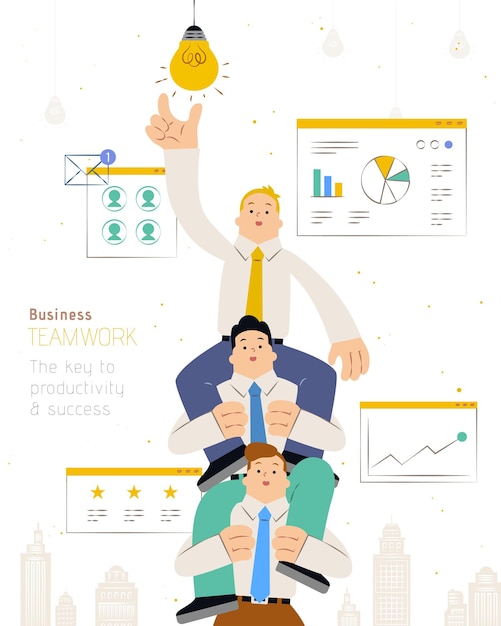 Diseño plano de trabajo en equipo de negocios con tres hombres de negocios alcanzando la bombilla sentados en el hombro de los socios.