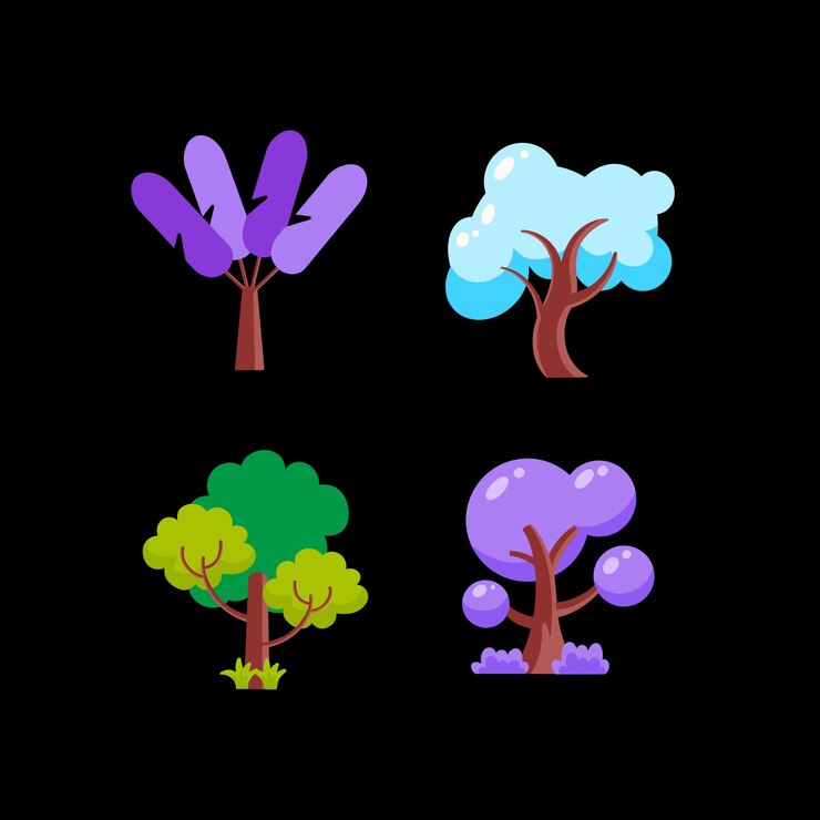 Vector diseño plano con varios tipos de árboles de colores vibrantes
