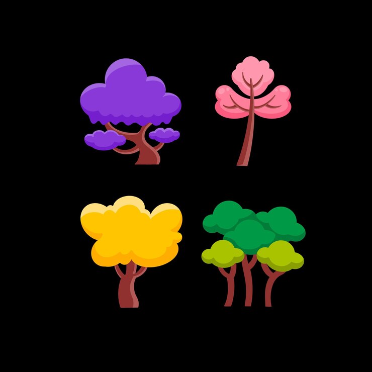 Vector diseño plano con varios tipos de árboles de colores vibrantes