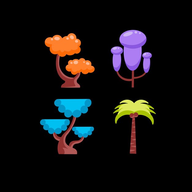 Diseño plano con varios tipos de árboles de colores vibrantes