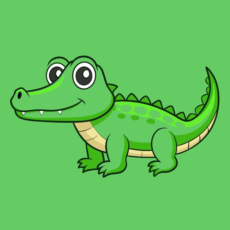 Vector el diseño plano del vector de cocodrilo es de fondo verde y el personaje es de estilo de dibujos animados.