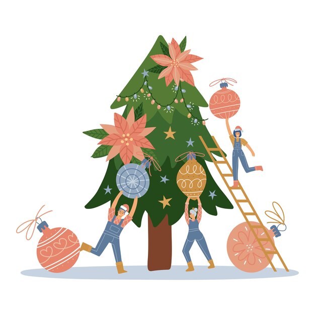 Diseño plano del vector del ejemplo del vector de la tarjeta de felicitación de navidad del árbol de navidad ...