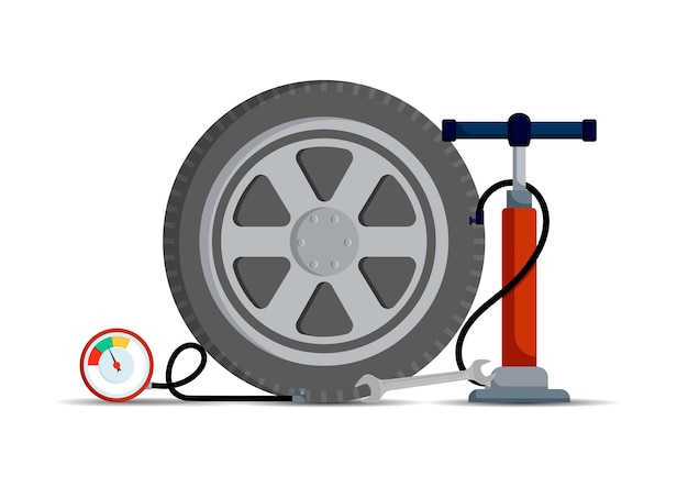 Diseño plano de vector de estación de servicio de neumáticos de automóvil herramientas para reparar la rueda