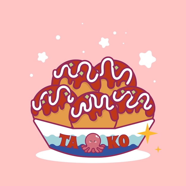 diseño plano vector lindo kawaii colorido kawaii takoyaki ilustración de dibujos animados