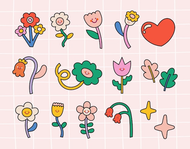 Diseño plano vector lindo kawaii flor colorida dibujo floral ilustración