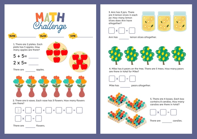 diseño plano, vector, matemáticas, conteo, multiplicación, hoja de cálculo, imprimible, para, actividad infantil