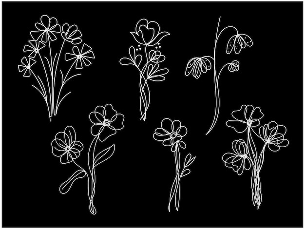 Diseño plano vectorial de hojas y flores lineales