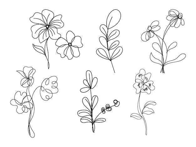 Diseño plano vectorial de hojas y flores lineales