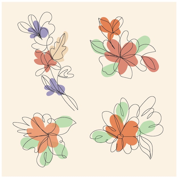 diseño plano vectorial de hojas y flores lineales