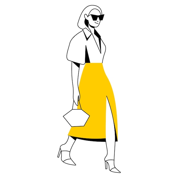 diseño plano vectorial ilustración lineal de moda hermosa mujer elegante en falda midi larga