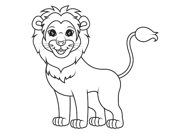 Diseño plano vectorial de león de dibujos animados en blanco y negro Ideal para páginas para colorear