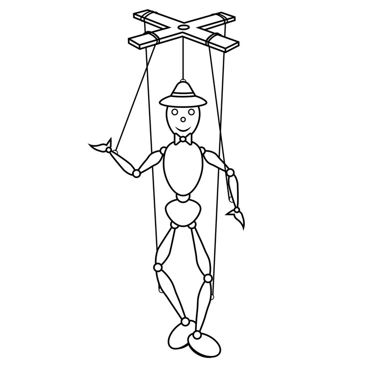 Vector diseño plano vectorial de marionetas de madera de dibujos animados en blanco y negro ideal para páginas para colorear