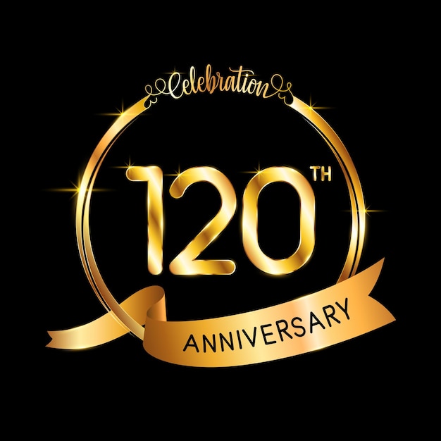 Diseño de plantilla de 120 aniversario con cinta de color dorado y anillo logo vector illustration