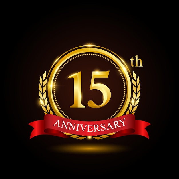 Diseño de plantilla del 15 aniversario de oro con anillo brillante y corona de laurel de cinta roja aislada en el vector del logotipo de fondo negro