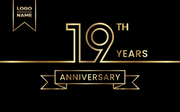 Diseño de plantilla del 19.º aniversario con color dorado y cinta Plantilla vectorial de diseño de arte lineal