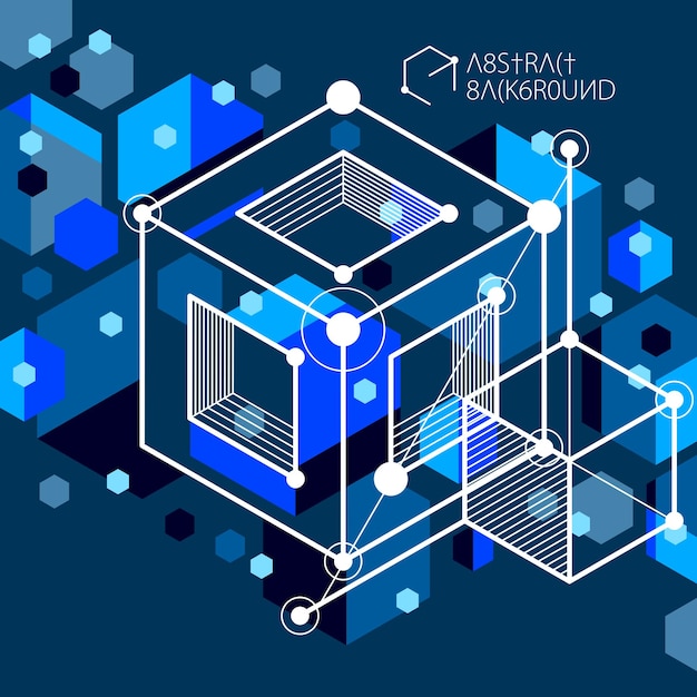Diseño de plantilla 3D azul oscuro para folleto, volante, afiche, publicidad, portada, fondo moderno abstracto vectorial. Composición de cubos, hexágonos, cuadrados, rectángulos y diferentes elementos abstractos