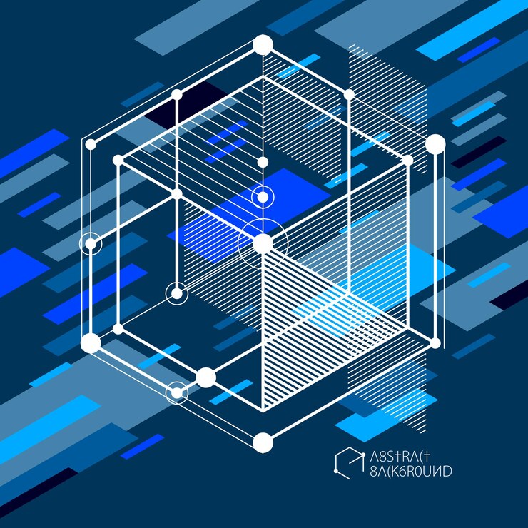 Vector diseño de plantilla 3d azul oscuro para folleto, volante, afiche, publicidad, portada, fondo moderno abstracto vectorial. composición de cubos, hexágonos, cuadrados, rectángulos y diferentes elementos abstractos