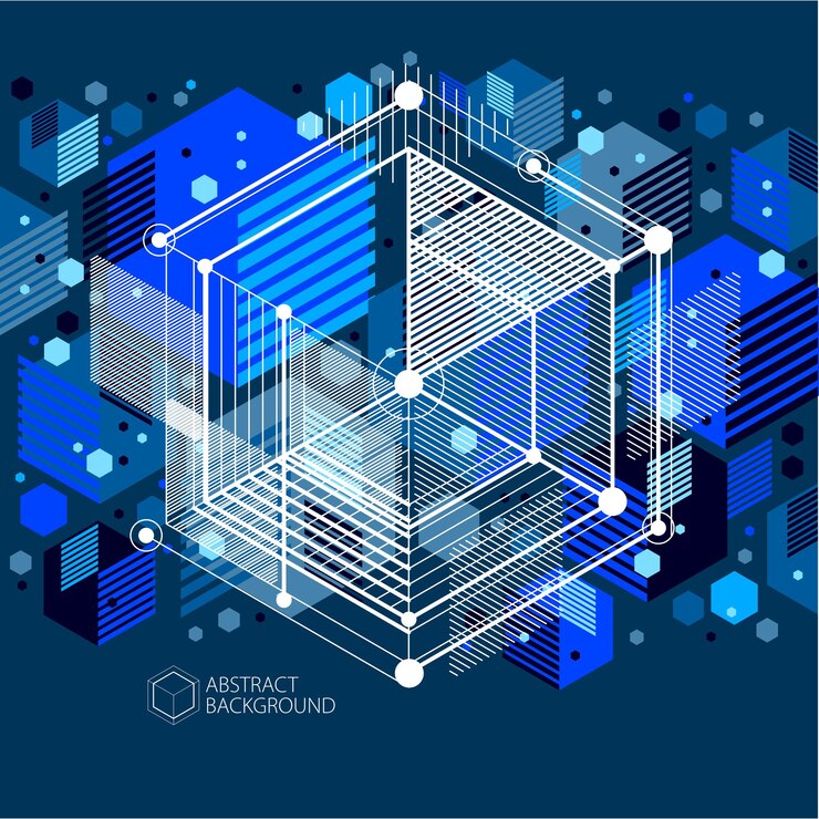 Vector diseño de plantilla 3d azul oscuro para folleto, volante, afiche, publicidad, portada, fondo moderno abstracto vectorial. composición de cubos, hexágonos, cuadrados, rectángulos y diferentes elementos abstractos
