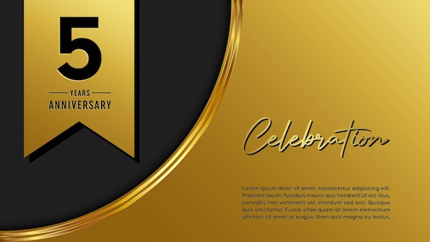 Diseño de plantilla de 5to aniversario con patrón dorado y cinta para evento de celebración de aniversario