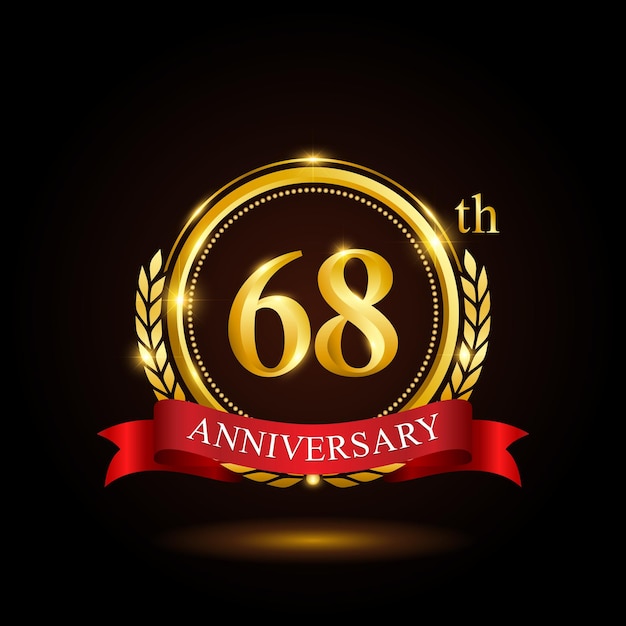 Diseño de plantilla del 68 aniversario de oro con anillo brillante y corona de laurel de cinta roja aislada en vector de logotipo de fondo negro