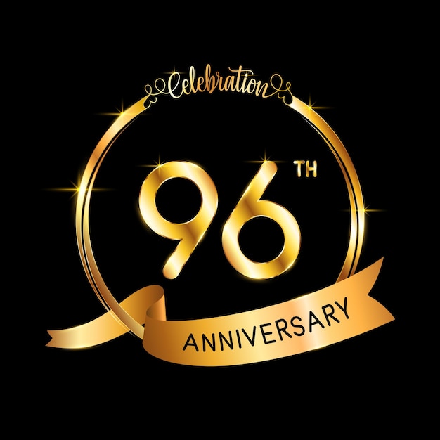 Diseño de plantilla del 96 aniversario con cinta de color dorado y anillo Logo Vector Illustration