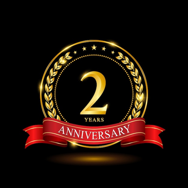 Diseño de plantilla de aniversario de 2 años con anillo brillante y corona de laurel de cinta roja aislada en vector de logotipo de fondo negro