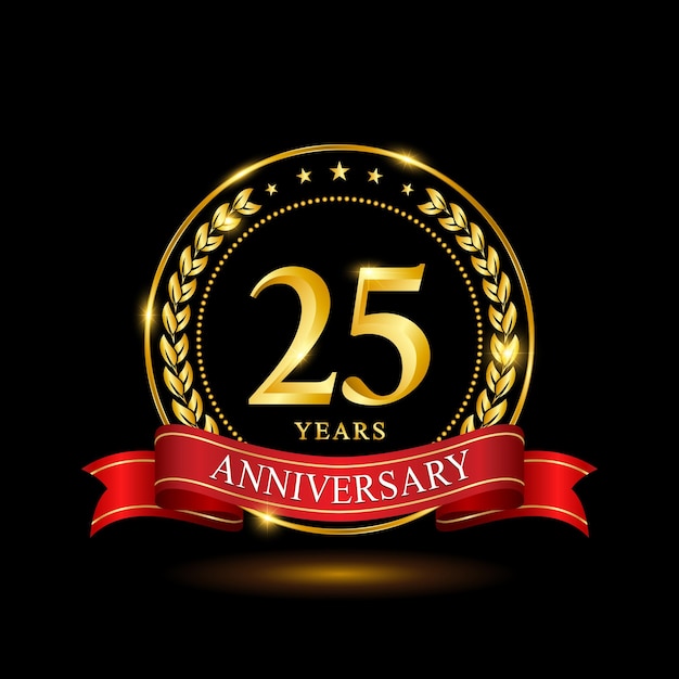 Diseño de plantilla de aniversario de 25 años con anillo brillante y corona de laurel de cinta roja aislada en vector de logotipo de fondo negro