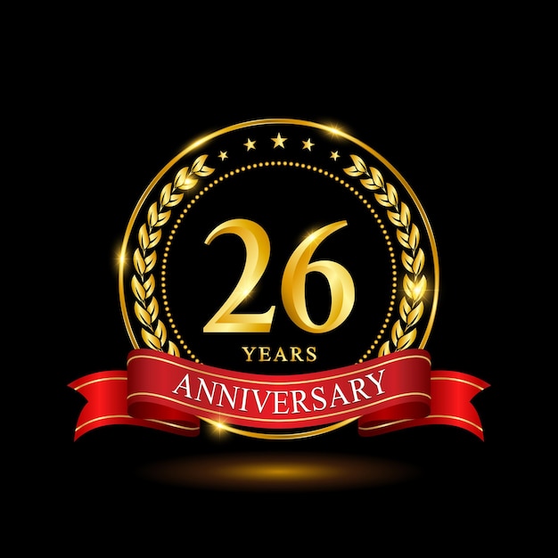 Diseño de plantilla de aniversario de 26 años con anillo brillante y corona de laurel de cinta roja aislada en vector de logotipo de fondo negro