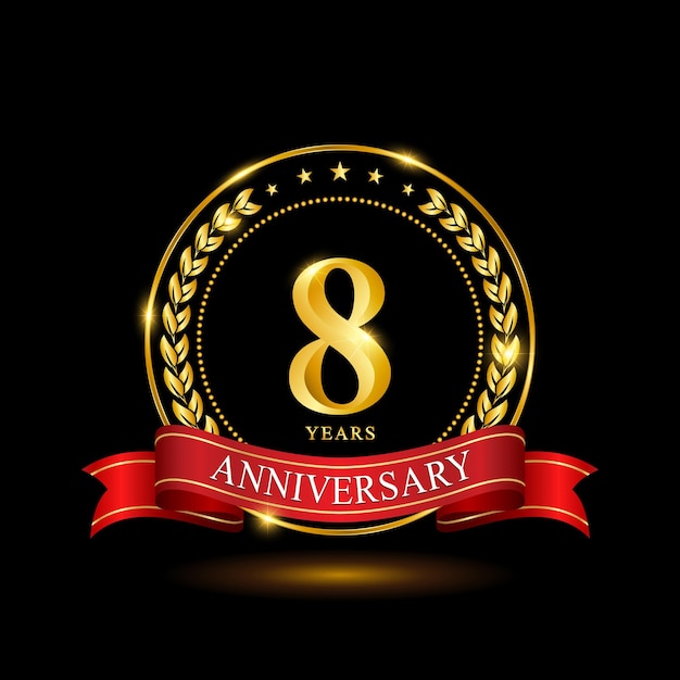 Diseño de plantilla de aniversario de 8 años con anillo brillante y corona de laurel de cinta roja aislada en vector de logotipo de fondo negro