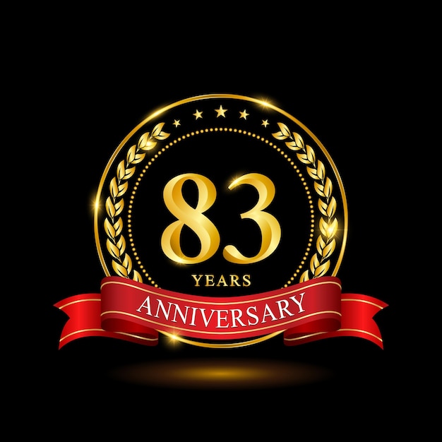 Diseño de plantilla de aniversario de 83 años con anillo brillante y corona de laurel de cinta roja aislada en vector de logotipo de fondo negro