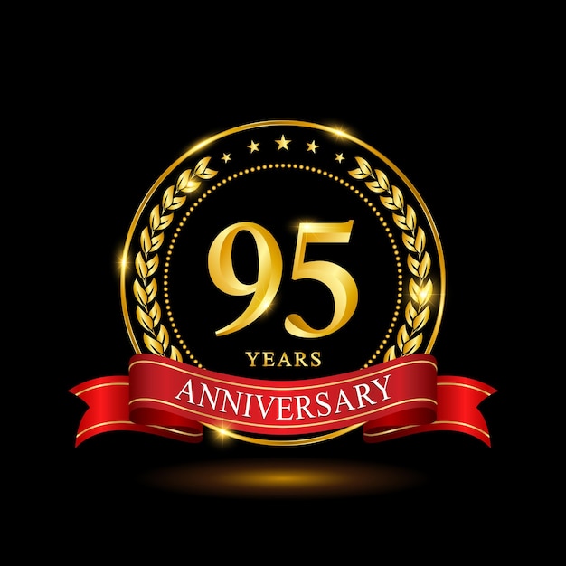 Diseño de plantilla de aniversario de 95 años con anillo brillante y corona de laurel de cinta roja aislada en vector de logotipo de fondo negro