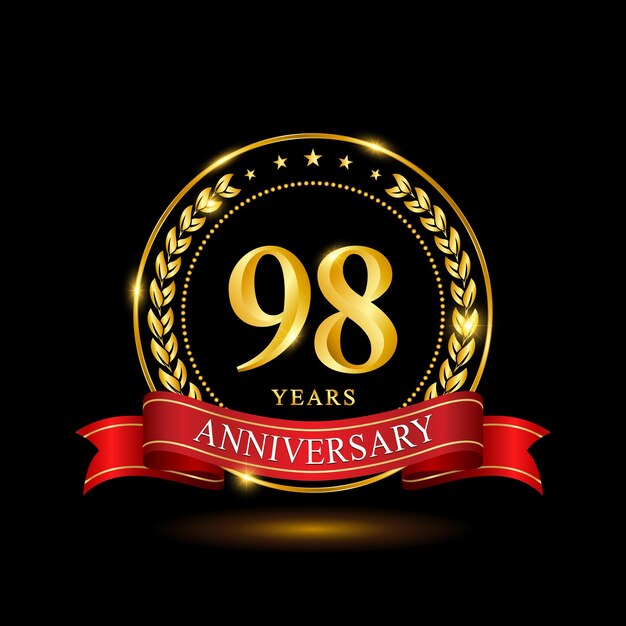 Diseño de plantilla de aniversario de 98 años con anillo brillante y corona de laurel de cinta roja aislada en vector de logotipo de fondo negro