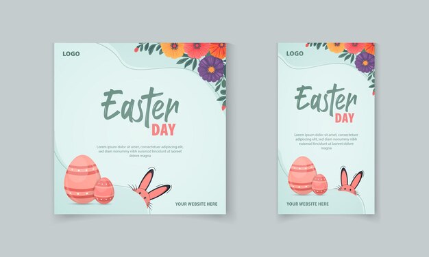 Diseño de plantilla de banner cuadrado de promoción del Día de Pascua con flores, orejas de conejo para publicaciones en las redes sociales