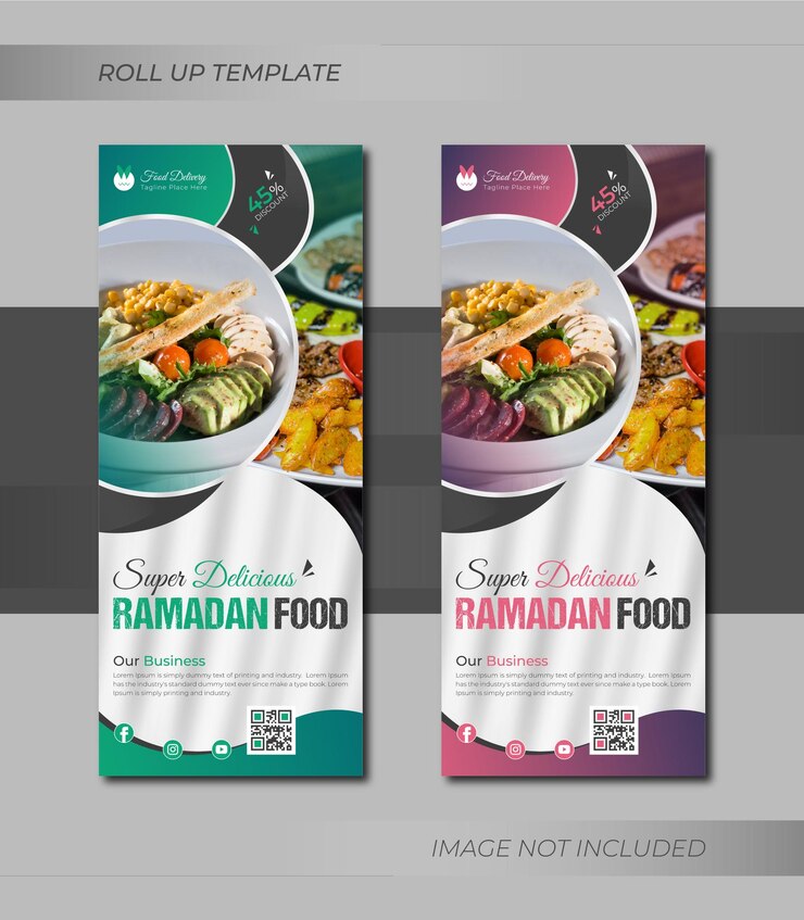 Diseño de plantilla de banner enrollable de menú de comida de restaurante de oferta especial de ramadán