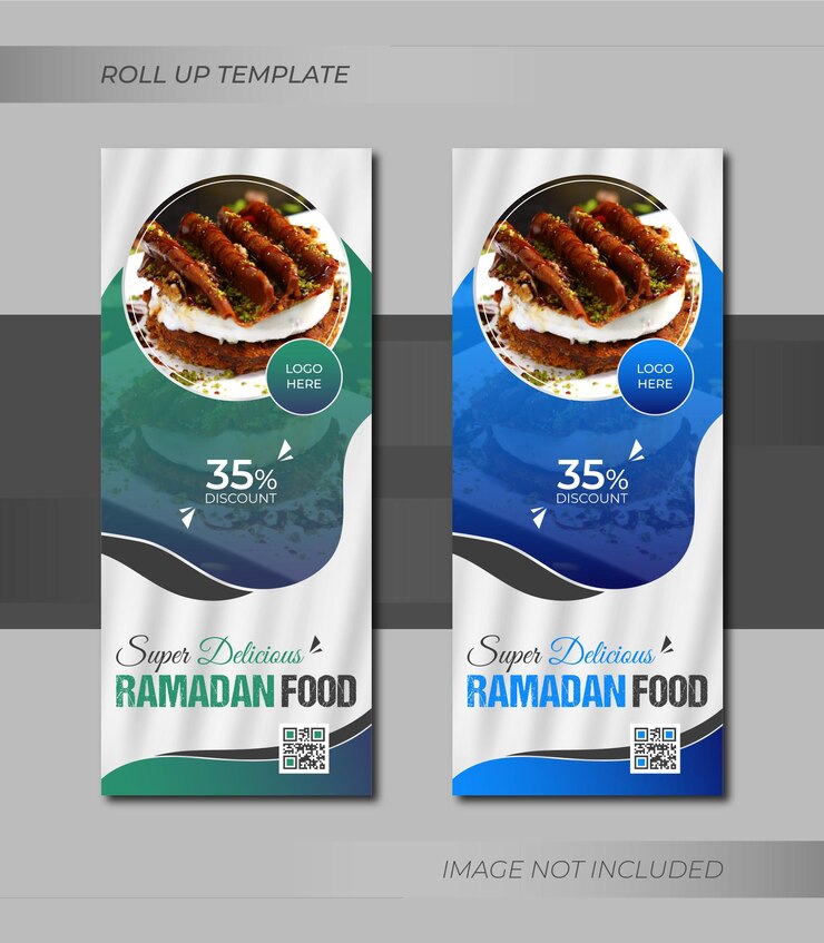 Diseño de plantilla de banner enrollable de menú de comida de restaurante de oferta especial de ramadán