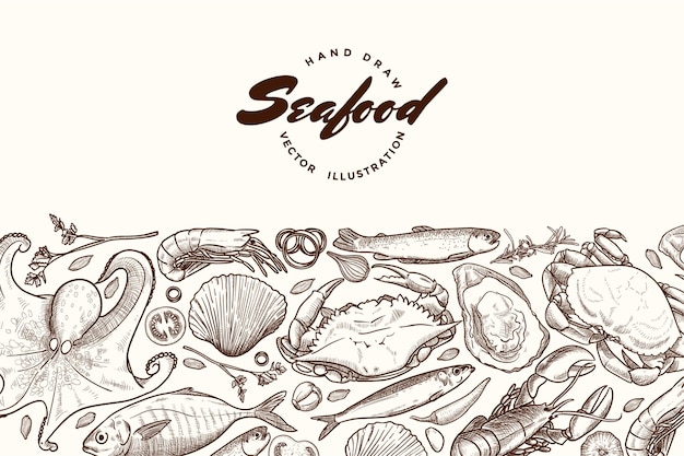 Diseño de plantilla de banner de ilustración de mariscos dibujados a mano f