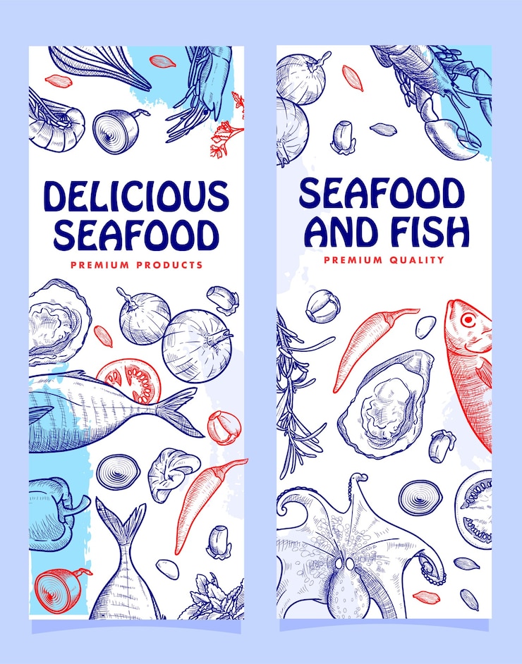 Vector diseño de plantilla de banner de ilustración de mariscos dibujados a mano