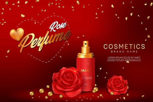 Diseño de plantilla de banner de publicidad cosmética de perfume de rosa