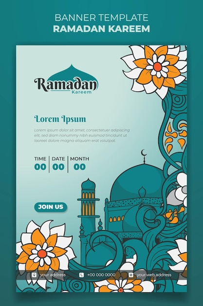 Vector diseño de plantilla de banner de ramadán con mezquita y fondo floral en diseño dibujado a mano
