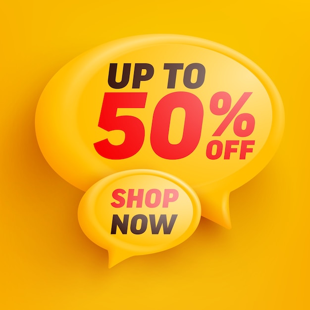 Diseño de plantilla de banner de venta con burbuja amarilla. Marketing de promoción de venta, etiqueta de descuento del 50%.