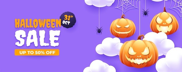 Diseño de plantilla de banner de venta de promoción de descuento de feliz Halloween con calabaza y araña de Halloween 3d