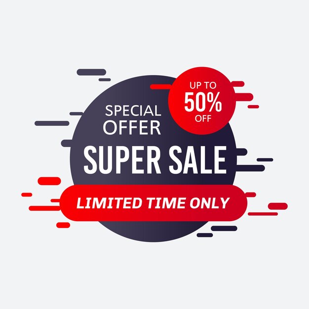 Diseño de plantilla de banner de venta promocional. Super oferta especial de venta por tiempo limitado solo 50 por ciento de descuento