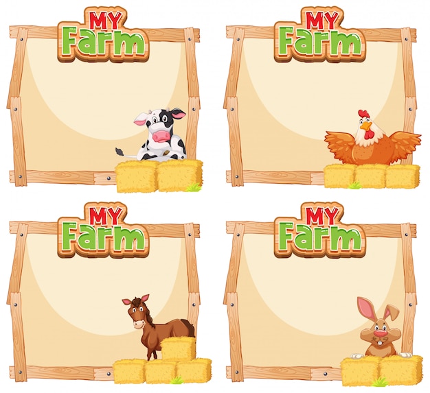 Diseño de plantilla de borde con muchos animales en la granja