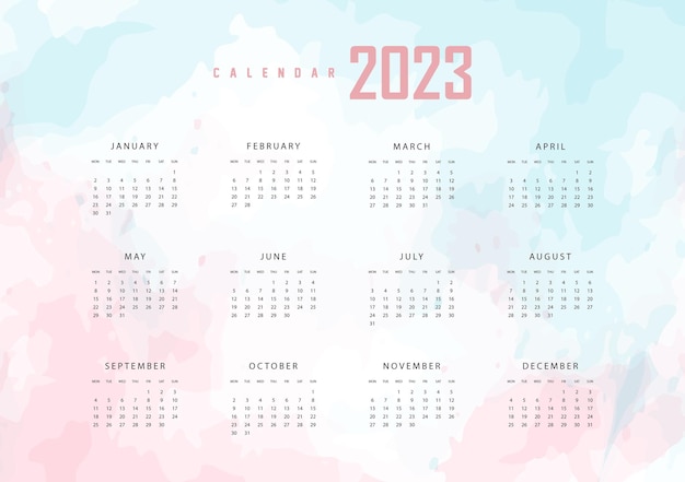 Vector diseño de plantilla de calendario 2023 dibujado a mano en acuarela en estilo moderno
